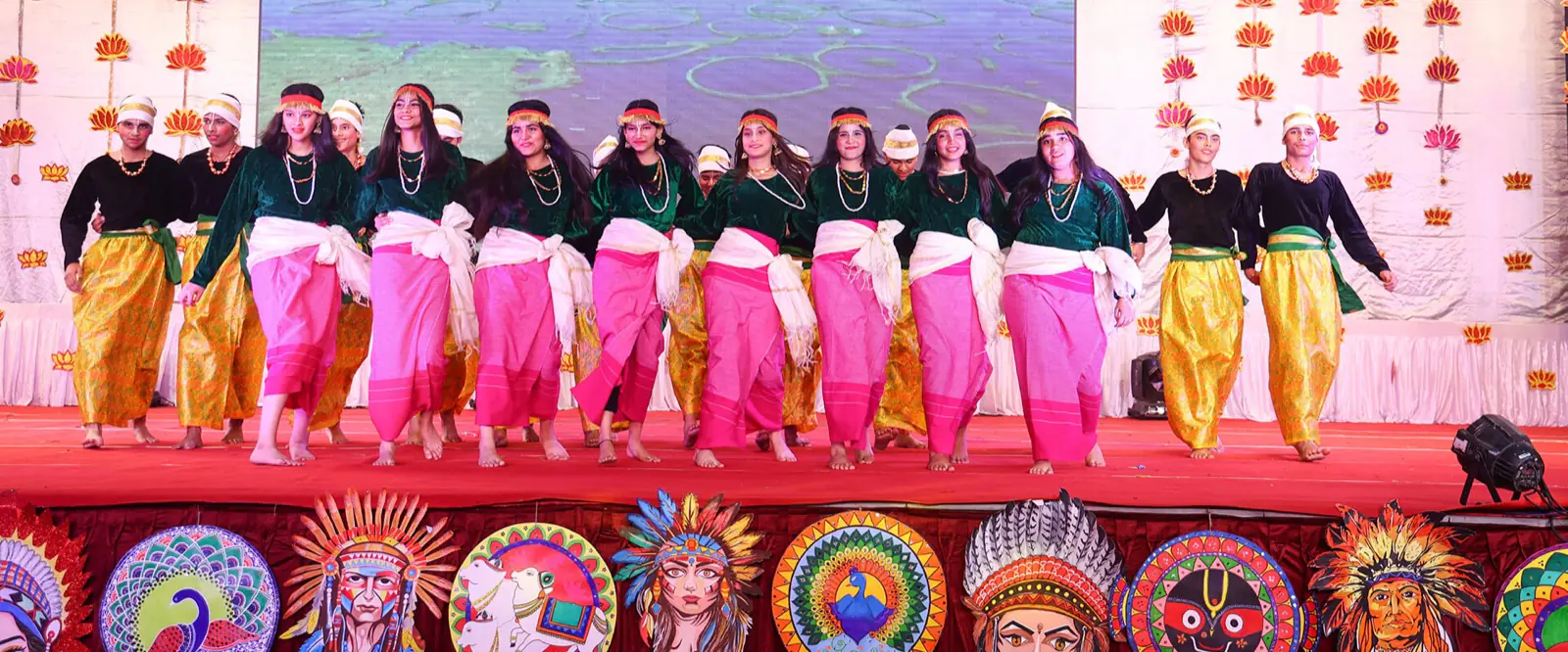 Folk dance in green and pink